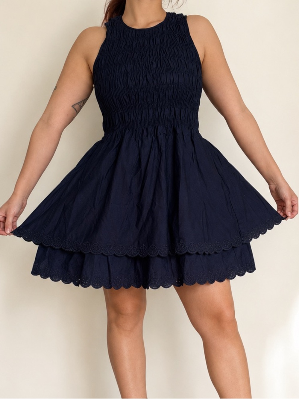 NWT Smocked Tiered Navy Blue Babydoll Sleeveless Dress Scalloped Hem - Picture 2 of 7
